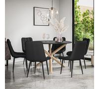 More4Homes Malvern Round Dining Table And Chairs - Black Table Top W Solid Oak Legs + Nova Faux Leather Dining Chair Set Of 6 (Black)
