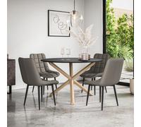 More4Homes Malvern Round Dining Table And Chairs - Black Table Top W Solid Oak Legs + Nova Faux Leather Dining Chair Set Of 4 (Grey)