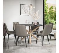 More4Homes Malvern Round Dining Table And Chairs - Black Table Top W Solid Oak Legs + Nova Faux Leather Dining Chair Set Of 6 (Grey)