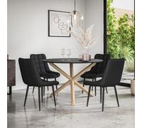 More4Homes Malvern Round Dining Table And Chairs - Black Table Top W Solid Oak Legs + Nova Faux Leather Dining Chair Set Of 4 (Black)