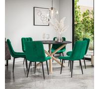 More4Homes Malvern Round Dining Table And Chairs - Black Table Top W Solid Oak Legs + Nova Velvet Dining Chair Set Of 6 (Green)