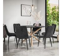 More4Homes Malvern Round Dining Table And Chairs - Black Table Top W Solid Oak Legs + Nova Velvet Dining Chair Set Of 6 (Black)