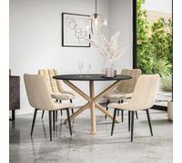 More4Homes Malvern Round Dining Table And Chairs - Black Table Top W Solid Oak Legs + Nova Velvet Dining Chair Set Of 4 (Beige)