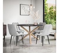 More4Homes Malvern Round Dining Table And Chairs - Black Table Top W Solid Oak Legs + Nova Velvet Dining Chair Set Of 4 (Grey)