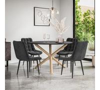 More4Homes Malvern Round Dining Table And Chairs - Black Table Top W Solid Oak Legs + Nova Velvet Dining Chair Set Of 4 (Black)