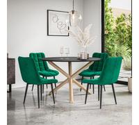 More4Homes Malvern Round Dining Table And Chairs - Black Table Top W Solid Oak Legs + Nova Velvet Dining Chair Set Of 4 (Green)
