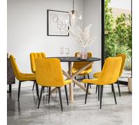 More4Homes Malvern Round Dining Table And Chairs - Black Table Top W Solid Oak Legs + Nova Velvet Dining Chair Set Of 6 (Mustard)
