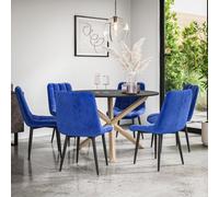 More4Homes Malvern Round Dining Table And Chairs - Black Table Top W Solid Oak Legs + Nova Velvet Dining Chair Set Of 6 (Blue)
