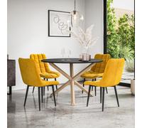 More4Homes Malvern Round Dining Table And Chairs - Black Table Top W Solid Oak Legs + Nova Velvet Dining Chair Set Of 4 (Mustard)