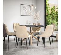 More4Homes Malvern Round Dining Table And Chairs - Black Table Top W Solid Oak Legs + Nova Velvet Dining Chair Set Of 6 (Beige)