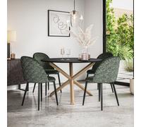 More4Homes Malvern Round Dining Table And Chairs - Black Table Top W Solid Oak Legs + Raye Velvet Dining Chair Green Set Of 6