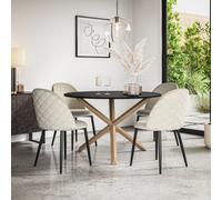 More4Homes Malvern Round Dining Table And Chairs - Black Table Top W Solid Oak Legs + Raye Velvet Dining Chair Beige Set Of 6