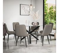 More4Homes Malvern Round Dining Table And Chairs - Clear Glass Table Top W Solid Black Oak Legs + 6 Nova Faux Leather Dining Chairs (Grey)
