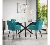 More4Homes Malvern Round Dining Table And Chairs - Clear Glass Table Top W Solid Black Oak Legs + Anika Velvet Dining Chair Set Of 4 (Blue)