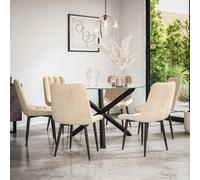 (Beige) Malvern Round Glass Dining Table Set w Black Oak Legs w 4-6 Nova Velvet Chair