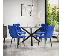More4Homes Malvern Round Dining Table And Chairs - Clear Glass Table Top W Solid Black Oak Legs + Nova Velvet Dining Chair Set Of 4 (Blue)