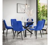 More4Homes Malvern Round Dining Table And Chairs - Clear Glass Table Top W Solid Black Oak Legs + Nova Velvet Dining Chair Set Of 6 (Blue)