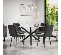 More4Homes Malvern Round Dining Table And Chairs - Clear Glass Table Top W Solid Black Oak Legs + Nova Velvet Dining Chair Set Of 4 (Black)