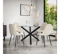 More4Homes Malvern Round Dining Table And Chairs - Clear Glass Table Top W Solid Oak Black Legs + 4 Maya Boucle Dining Chairs (Ivory White)