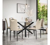 More4Homes Malvern Round Dining Table And Chairs - Clear Glass Table Top W Solid Oak Black Legs + 6 Monza Faux Leather Dining Chairs (Beige)
