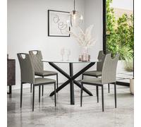 More4Homes Malvern Round Dining Table And Chairs - Clear Glass Table Top W Solid Oak Black Legs + Monza Fabric Dining Chair Set Of 4 (Grey)