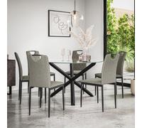 More4Homes Malvern Round Dining Table And Chairs - Clear Glass Table Top W Solid Oak Black Legs + Monza Fabric Dining Chair Set Of 6 (Grey)