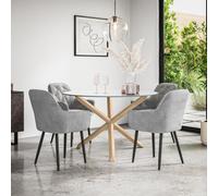 (Grey) Malvern Round Glass Dining Table Set w Oak Legs w 4 Anika Velvet Chairs