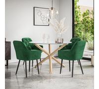 (Green) Malvern Round Glass Dining Table Set w Oak Legs w 4 Anika Velvet Chairs