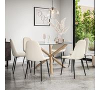 More4Homes Malvern Round Dining Table And Chairs - Clear Glass Table Top W Solid Oak Legs + Maya Boucle Dining Chair Set Of 6 (Ivory White)