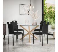 More4Homes Malvern Round Dining Table And Chairs - Clear Glass Table Top W Solid Oak Legs + Monza Faux Leather Dining Chair Set Of 4 (Black)