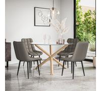 More4Homes Malvern Round Dining Table And Chairs - Clear Glass Table Top W Solid Oak Legs + Nova Faux Leather Dining Chair Set Of 4 (Grey)