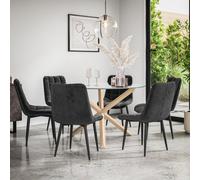 More4Homes Malvern Round Dining Table And Chairs - Clear Glass Table Top W Solid Oak Legs + Nova Velvet Dining Chair Set Of 6 (Black)