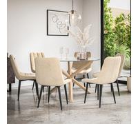 More4Homes Malvern Round Dining Table And Chairs - Clear Glass Table Top W Solid Oak Legs + Nova Velvet Dining Chair Set Of 6 (Beige)