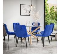 More4Homes Malvern Round Dining Table And Chairs - Clear Glass Table Top W Solid Oak Legs + Nova Velvet Dining Chair Set Of 6 (Blue)