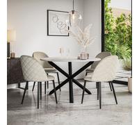 More4Homes Malvern Round Dining Table And Chairs - Marble Effect Table Top W Solid Black Oak Legs + Raye Velvet Dining Chair Beige Set Of 6
