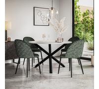 More4Homes Malvern Round Dining Table And Chairs - Marble Effect Table Top W Solid Black Oak Legs + Raye Velvet Dining Chair Green Set Of 4