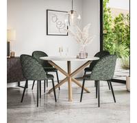 More4Homes Malvern Round Dining Table And Chairs - Marble Effect Table Top W Solid Oak Legs + Raye Velvet Dining Chair Green Set Of 4