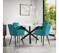 More4Homes Malvern Round Dining Table And Chairs - Marble Table Top W Solid Black Oak Legs + Anika Velvet Dining Chair Set Of 4 (Blue)