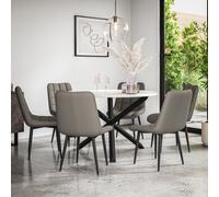 More4Homes Malvern Round Dining Table And Chairs - Marble Table Top W Solid Black Oak Legs + Nova Faux Leather Dining Chair Set Of 6 (Grey)