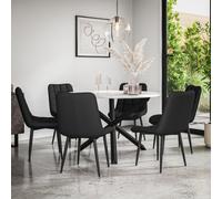 More4Homes Malvern Round Dining Table And Chairs - Marble Table Top W Solid Black Oak Legs + Nova Faux Leather Dining Chair Set Of 6 (Black)