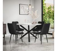 More4Homes Malvern Round Dining Table And Chairs - Marble Table Top W Solid Black Oak Legs + Nova Faux Leather Dining Chair Set Of 4 (Black)