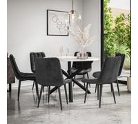 More4Homes Malvern Round Dining Table And Chairs - Marble Table Top W Solid Black Oak Legs + Nova Velvet Dining Chair Set Of 6 (Black)