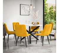 More4Homes Malvern Round Dining Table And Chairs - Marble Table Top W Solid Black Oak Legs + Nova Velvet Dining Chair Set Of 6 (Mustard)