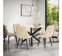 More4Homes Malvern Round Dining Table And Chairs - Marble Table Top W Solid Black Oak Legs + Nova Velvet Dining Chair Set Of 6 (Beige)