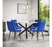More4Homes Malvern Round Dining Table And Chairs - Marble Table Top W Solid Black Oak Legs + Nova Velvet Dining Chair Set Of 4 (Blue)