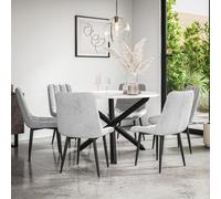 More4Homes Malvern Round Dining Table And Chairs - Marble Table Top W Solid Black Oak Legs + Nova Velvet Dining Chair Set Of 6 (Grey)