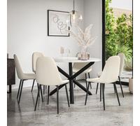 More4Homes Malvern Round Dining Table And Chairs - Marble Table Top W Solid Oak Black Legs + Maya Boucle Dining Chair Set Of 6 (Ivory White)