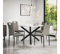 More4Homes Malvern Round Dining Table And Chairs - Marble Table Top W Solid Oak Black Legs + Monza Fabric Dining Chair Set Of 4 (Grey)