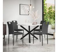More4Homes Malvern Round Dining Table And Chairs - Marble Table Top W Solid Oak Black Legs + Monza Fabric Dining Chair Set Of 4 (Charcoal)