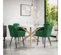 (Green) Malvern Round Marble Effect Dining Table Set w Oak Legs w 4 Anika Velvet Chairs